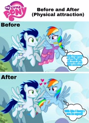 Size: 2456x3394 | Tagged: safe, artist:mlplary6, imported from derpibooru, rainbow dash, soarin', pegasus, pony, blushing, clothes, comic, dress, female, flying, heart, looking at each other, looking at someone, male, mare, rainbow dash always dresses in style, shipping, smiling, smiling at each other, soarindash, stallion, straight