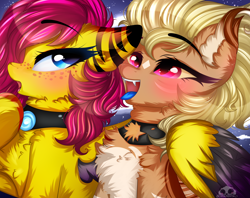 Size: 4000x3174 | Tagged: safe, artist:2pandita, imported from derpibooru, oc, oc only, oc:miziky otonashy, oc:schwin, bat pony, pegasus, pony, blue tongue, eyebrows, eyebrows visible through hair, fangs, female, freckles, high res, hug, mare, open mouth, tongue out, winghug, wings