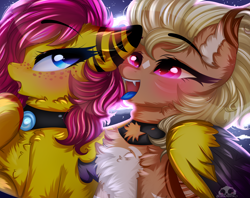 Size: 4000x3174 | Tagged: safe, artist:2pandita, imported from derpibooru, oc, oc only, oc:miziky otonashy, oc:schwin, bat pony, pegasus, pony, blue tongue, eyebrows, eyebrows visible through hair, fangs, female, freckles, high res, hug, mare, open mouth, tongue out, winghug, wings