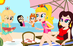 Size: 1680x1050 | Tagged: safe, artist:darkplayerferraz269, artist:user15432, imported from derpibooru, oc, oc:aaliyah, human, equestria girls, aaliyah, amulet, barely eqg related, base used, basket, beach, beach chair, beach umbrella, chair, clothes, crossover, crown, ear piercing, earring, eating, equestria girls style, equestria girls-ified, eyes closed, eyeshadow, food, glasses, jewelry, knife, leotard, makeup, necklace, ocean, open mouth, pauline, piercing, plate, princess daisy, princess peach, princess rosalina, puffy cheeks, regalia, relaxing, rosalina, sand, smiling, splash, splashing, summer, sun, sunshine, super mario bros., swimsuit, umbrella, water, watermelon