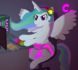 Size: 3200x2880 | Tagged: safe, artist:sweetielover, imported from derpibooru, princess celestia, alicorn, pony, celestia gamer, celestia gaming, chips, computer mouse, desk, diaper, diaper fetish, diaper gamer, female, fetish, food, gamer, gamer celestia, gamer diaper, glowing, grin, hay, headset, high res, keyboard, lights, mare, monitor, mousepad, neon, nightime, non-baby in diaper, pc, playing, room, smiling, solo, spread wings, wings