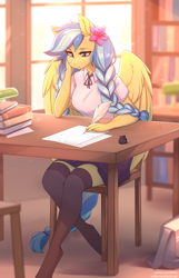 Size: 1934x3002 | Tagged: safe, artist:fensu-san, imported from derpibooru, oc, oc only, oc:jeppesen, anthro, pegasus, unguligrade anthro, bag, beautiful, black socks, book, bookshelf, bowtie, braid, braided tail, breasts, briefcase, chair, clothes, commission, cottagecore, crepuscular rays, cute, desk, female, flower, flower in hair, indoors, ink, inkwell, kneesocks, lamp, legs, library, lidded eyes, lined paper, long hair, long tail, mare, plaid skirt, pleated skirt, quill, quill pen, reasonably sized breasts, scenery, school bag, school uniform, schoolgirl, shirt, sitting, skirt, smiling, socks, solo, spread wings, stockings, studying, tail, thigh highs, twin braids, uniform, window, wing fluff, wings, writing, zettai ryouiki