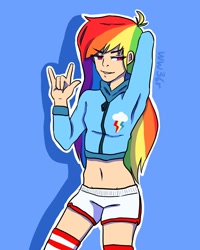 Size: 800x1000 | Tagged: safe, artist:woopwoop36red, imported from derpibooru, rainbow dash, human, belly button, clothes, female, humanized, midriff, simple background, smiling, smug