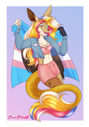 Size: 3500x5000 | Tagged: safe, artist:xwhitedreamsx, imported from derpibooru, oc, oc:silly string, anthro, draconequus, draconequus oc, female, pride, pride flag, transgender pride flag