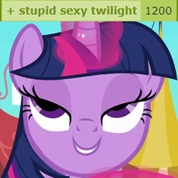 Size: 250x250 | Tagged: safe, edit, edited screencap, imported from derpibooru, screencap, twilight sparkle, pony, unicorn, derpibooru, season 3, the crystal empire, 1200, bedroom eyes, caption, cropped, derpimilestone, female, horny, image macro, lidded eyes, looking up, magic, mare, meta, smiling, solo, stupid sexy twilight, tags, telekinesis, text, unf, unicorn twilight