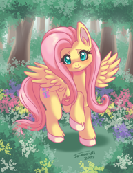 Size: 2550x3300 | Tagged: safe, artist:jo-vee-al, imported from derpibooru, fluttershy, pegasus, pony, blushing, cute, daaaaaaaaaaaw, female, forest, looking at you, mare, raised hoof, shyabetes, smiling, smiling at you, solo, spread wings, tree, unshorn fetlocks, wings