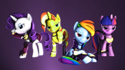 Size: 1280x720 | Tagged: safe, artist:cyberothedge, imported from derpibooru, rainbow dash, rarity, sunset shimmer, twilight sparkle, alicorn, pegasus, pony, unicorn, equestria girls, 3d, crossover, kda, league of legends, source filmmaker, twilight sparkle (alicorn)