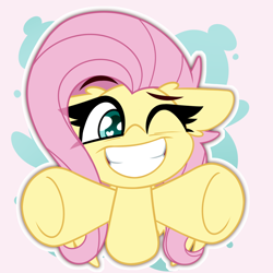 Size: 1500x1500 | Tagged: safe, artist:nekro-led, imported from derpibooru, fluttershy, pegasus, pony, abstract background, arms in the air, bust, cute, daaaaaaaaaaaw, floppy ears, grin, heart, heart eyes, hug, hug request, incoming hug, looking at you, one eye closed, shyabetes, simple background, smiling, solo, wingding eyes, wings, wink, winking at you, ych example