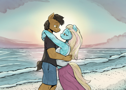 Size: 1690x1200 | Tagged: safe, artist:ahobobo, imported from derpibooru, oc, oc only, oc:sandstone shine, oc:sapphire oasis, anthro, crystal pony, earth pony, beach, beautiful, couple, female, hug, lidded eyes, looking at each other, looking at someone, love, male, oc x oc, romantic, scenery, shipping, straight