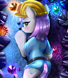 Size: 1772x2029 | Tagged: safe, artist:darksly, imported from derpibooru, maud pie, earth pony, pony, belt, blushing, body pillow, body pillow design, butt, clothes, commission, cute, diamonds, dress, eyeshadow, female, gem, helmet, looking at you, makeup, mare, maudabetes, mine, plot, solo