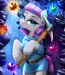 Size: 1772x2029 | Tagged: safe, artist:darksly, imported from derpibooru, maud pie, earth pony, pony, belt, blushing, body pillow, body pillow design, clothes, commission, cute, diamonds, dress, eyeshadow, female, gem, looking at you, makeup, mare, maudabetes, mine, pickaxe, solo