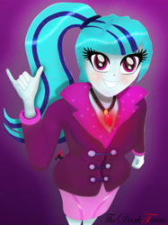 Size: 1280x1707 | Tagged: safe, artist:thedarktercio, imported from derpibooru, sonata dusk, human, equestria girls, cute, gem, looking at you, simple background, smiling, smiling at you, solo, sonatabetes