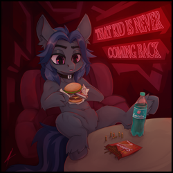 Size: 3050x3050 | Tagged: safe, artist:midnightflight, imported from derpibooru, oc, oc only, oc:mattriel, pony, birthday, bullet, burger, digital art, food, gun, hamburger, neon, solo, weapon