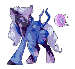 Size: 2444x2252 | Tagged: safe, artist:tersisa, imported from twibooru, rarity, pony, unicorn, alternate design, alternate hairstyle, clothes, coat markings, curved horn, horn, image, png, redesign, solo