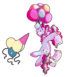 Size: 3230x3630 | Tagged: safe, artist:tersisa, imported from twibooru, pinkie pie, earth pony, pony, alternate design, balloon, coat markings, floating, image, looking at you, open mouth, png, ponytail, redesign, solo