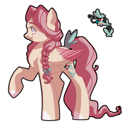Size: 2500x2500 | Tagged: safe, artist:tersisa, imported from twibooru, fluttershy, pegasus, pony, alternate design, alternate hairstyle, braid, coat markings, colored wings, image, long tail, png, solo, wings