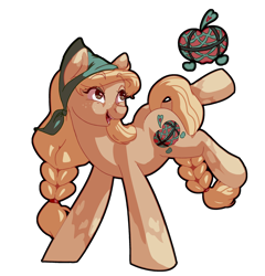 Size: 2500x2600 | Tagged: safe, artist:tersisa, imported from twibooru, applejack, earth pony, pony, alternate design, bandana, braid, braided tail, bucking, coat markings, freckles, image, open mouth, png, solo