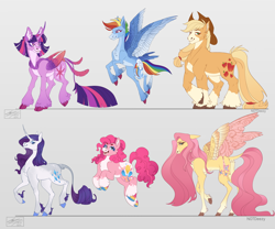 Size: 5000x4167 | Tagged: safe, artist:sakishithewolf, edit, imported from twibooru, applejack, fluttershy, pinkie pie, rainbow dash, rarity, twilight sparkle, alicorn, earth pony, pegasus, pony, unicorn, alternate design, alternate hairstyle, butterfly wings, cloven hooves, coat markings, cowboy hat, curved horn, ear fluff, feathered fetlocks, female, females only, floating, hat, horn, hybrid wings, image, leonine tail, long mane, long tail, multicolored hooves, open mouth, png, raised hoof, redesign, unshorn fetlocks, wings