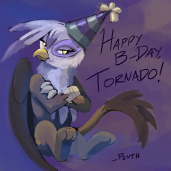 Size: 1000x1000 | Tagged: safe, artist:nepenthe, imported from twibooru, gilda, griffon, birthday, crossed arms, folded wings, happy birthday, hat, image, looking to side, party hat, paws, png, sitting, tail, wings