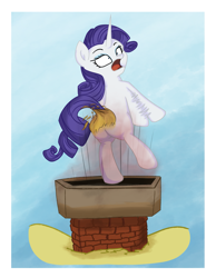 Size: 2149x2764 | Tagged: safe, artist:khaki-cap, imported from derpibooru, rarity, unicorn, canon, chimney, comedy, commission, digital art, eyebrows, fire, funny, jumping, literal butthurt, pain, roof, rooftop, scene, simple background, yelling