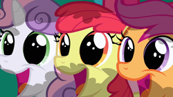 Size: 1280x720 | Tagged: safe, imported from derpibooru, screencap, apple bloom, scootaloo, sweetie belle, earth pony, pegasus, pony, unicorn, hearts and hooves day (episode), season 2, adorabloom, bush, close-up, cute, cutealoo, cutie mark crusaders, cutie mark cuties, diasweetes, dilated pupils, female, filly, foal, happy, smiling, trio, trio female