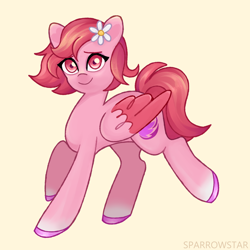 Size: 1800x1800 | Tagged: safe, artist:sparrowstarr, imported from derpibooru, pegasus, pony, colored hooves, female, flower, flower in hair, g5, mare, simple background, smiling, solo, windy (g5), yellow background