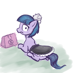 Size: 565x563 | Tagged: safe, artist:nullpotower, imported from derpibooru, tote bag (g4), earth pony, pony, bag, clothes, female, frown, looking at you, looking back, looking back at you, maid, mare, solo