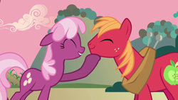 Size: 1280x720 | Tagged: safe, imported from derpibooru, screencap, big macintosh, cheerilee, earth pony, pony, hearts and hooves day (episode), season 2, ^^, big macintosh's yoke, cheeribetes, cheerimac, cute, daaaaaaaaaaaw, duo, eyes closed, female, floppy ears, freckles, happy, hoof on chin, horse collar, legs together, macabetes, male, mare, shipping, smiling, stallion, straight