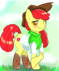 Size: 1250x1500 | Tagged: safe, artist:uguisunokoe1919, imported from derpibooru, apple bloom, earth pony, pony, blushing, boots, clothes, crossed hooves, equestria girls outfit, female, filly, foal, hat, one eye closed, shirt, shoes, smiling, solo, wink