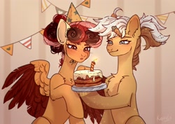 Size: 3800x2696 | Tagged: safe, artist:konejo, imported from derpibooru, oc, oc only, oc:margaret pie-socks, earth pony, pegasus, pony, birthday cake, blowing, cake, candle, chest fluff, food, freckles, hat, party hat