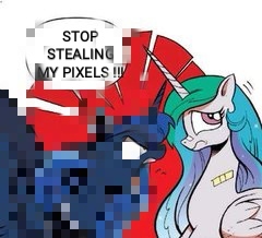 Size: 240x218 | Tagged: safe, imported from derpibooru, princess celestia, princess luna, alicorn, pony, spoiler:comic, luna is not amused, needs more jpeg, pixelated, unamused