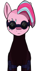 Size: 421x794 | Tagged: safe, artist:chedx, edit, imported from derpibooru, pinkie pie, earth pony, pony, comic:the storm kingdom, my little pony: the movie, bad end, bodysuit, clothes, command 6, commander pinkie diana pie, crystal of light, female, goggles, pinkamena diane pie, simple background, solo, transparent background, vector