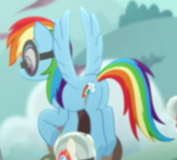 Size: 500x451 | Tagged: safe, imported from derpibooru, screencap, rainbow dash, pegasus, pony, rainbow roadtrip, butt, cropped, female, flying, mare, plot, rainbutt dash, solo focus