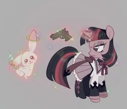 Size: 1005x869 | Tagged: safe, artist:tabbytoyger, imported from derpibooru, angel bunny, twilight sparkle, pony, rabbit, unicorn, angel is a bunny bastard, animal, anime, boots, clothes, cosplay, costume, female, gray background, gun, handgun, homura akemi, incubator (species), kyubey, levitation, magic, magic aura, magical girl, male, mare, pistol, puella magi madoka magica, shoes, simple background, skirt, sparkles, telekinesis, unicorn twilight