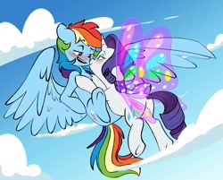 Size: 1199x964 | Tagged: safe, artist:chub-wub, imported from derpibooru, rainbow dash, rarity, pegasus, pony, unicorn, sonic rainboom (episode), bedroom eyes, blushing, butt, butterfly wings, chest fluff, cloud, colored wings, duo, eyeshadow, female, floppy ears, flying, glimmer wings, gossamer wings, lesbian, lidded eyes, makeup, multicolored wings, plot, rainbow wings, raridash, rearity, shipping, wings