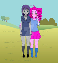 Size: 800x871 | Tagged: safe, artist:evey-chan, imported from derpibooru, maud pie, pinkie pie, human, equestria girls, 2014, boots, clothes, deviantart watermark, duo, female, kisekae, obtrusive watermark, shirt, shoes, siblings, sisters, skirt, socks, watermark