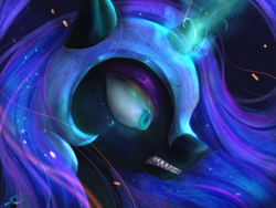 Size: 2224x1668 | Tagged: safe, artist:midna77, imported from derpibooru, nightmare moon, alicorn, pony, blue eyes, blue mane, colored pupils, crying, digital art, ethereal mane, female, flowing mane, glowing, glowing horn, helmet, horn, magic, mare, night, punishment, scared, signature, solo, starry mane, teary eyes, teeth