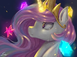 Size: 2224x1668 | Tagged: safe, artist:midna77, imported from derpibooru, princess celestia, alicorn, pony, crown, crying, digital art, element of generosity, element of honesty, element of kindness, element of laughter, element of loyalty, element of magic, elements of harmony, female, gem, glowing, glowing horn, horn, jewelry, looking up, magic, mare, night, pink eyes, pink-mane celestia, punishment, regalia, sad, signature, solo, teary eyes