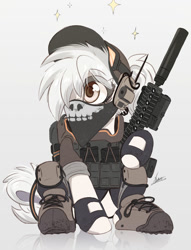 Size: 915x1200 | Tagged: safe, artist:ncmares, imported from derpibooru, oc, oc only, oc:treasure, earth pony, pony, armor, bandana, baseball cap, cap, clothes, crouching, female, fingerless gloves, gloves, goggles, gun, hair over one eye, hat, headset, hoof boots, knee pads, mare, rifle, shirt, solo, weapon