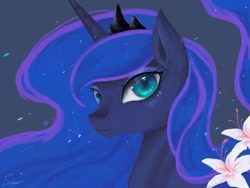 Size: 2224x1668 | Tagged: safe, artist:midna77, imported from derpibooru, princess luna, alicorn, pony, blue eyes, blue mane, colored pupils, constellation, crown, digital art, ethereal mane, female, flower, flowing mane, gray background, horn, jewelry, mare, regalia, signature, simple background, solo, starry mane