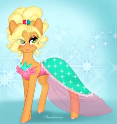 Size: 1931x2048 | Tagged: safe, artist:cherubisous, imported from derpibooru, applejack, earth pony, pony, alternate hairstyle, applejack is best facemaker, applejewel, bedroom eyes, clothes, dress, eye clipping through hair, eyeshadow, female, makeup, mare, smiling, solo, sparkly background