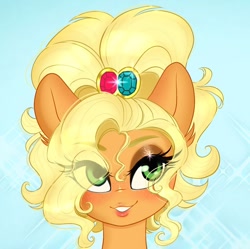 Size: 1020x1015 | Tagged: safe, artist:cherubisous, imported from derpibooru, applejack, earth pony, pony, alternate hairstyle, applejack is best facemaker, applejewel, bedroom eyes, bust, close-up, eye clipping through hair, eyeshadow, female, makeup, mare, smiling, solo, sparkly background