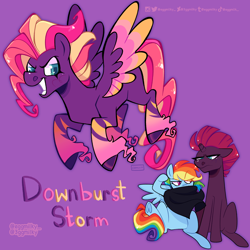 Size: 2048x2048 | Tagged: safe, artist:3ggmilky, imported from derpibooru, rainbow dash, tempest shadow, oc, oc:downburst storm, pegasus, pony, unicorn, female, lesbian, magical lesbian spawn, offspring, parent:rainbow dash, parent:tempest shadow, parents:tempestdash, purple background, shipping, simple background, tempestdash