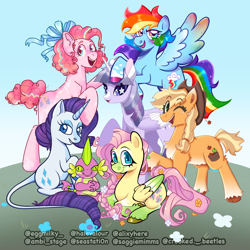 Size: 2048x2048 | Tagged: safe, artist:3ggmilky, artist:alixyhere, artist:ambi_stage, artist:crookedbeetles, artist:halevalour, artist:saggiemimms, artist:seastati0n, imported from derpibooru, applejack, fluttershy, pinkie pie, rainbow dash, rarity, spike, twilight sparkle, alicorn, dragon, earth pony, pegasus, pony, unicorn, braid, collaboration, mane seven, mane six, redesign, starry eyes, twilight sparkle (alicorn), wingding eyes