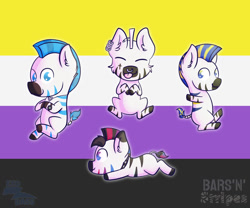 Size: 1024x850 | Tagged: safe, artist:exobass, imported from derpibooru, oc, oc:blake, oc:frankie, oc:jesse, oc:riley, zebra, bars'n'stripes, chibi, ear piercing, nonbinary pride flag, nose piercing, nose ring, piercing, pride, pride flag, zebra oc, zebras