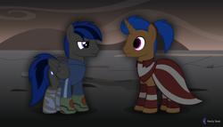 Size: 11200x6400 | Tagged: safe, artist:parclytaxel, imported from derpibooru, oc, oc only, oc:kimberlite, oc:moon fang, pegasus, pony, unicorn, .svg available, absurd resolution, alternate timeline, ashlands timeline, barren, boots, clothes, commission, dress, implied genocide, male, no catchlights, post-apocalyptic, shirt, shoes, stallion, stare, vector, wasteland