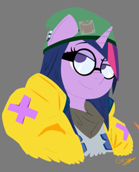 Size: 617x763 | Tagged: safe, artist:realgero, imported from derpibooru, twilight sparkle, anthro, unicorn, alternate hairstyle, clothes, glasses, gray background, hat, jacket, simple background, valorant, video game crossover, video game reference