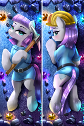 Size: 2500x3712 | Tagged: safe, artist:darksly, imported from derpibooru, maud pie, earth pony, pony, belt, blushing, body pillow, body pillow design, butt, clothes, cute, diamonds, dress, eyeshadow, female, frog (hoof), gem, helmet, high res, looking at you, makeup, mare, maudabetes, mine, mining helmet, pickaxe, plot, solo, underhoof, watermark