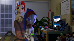 Size: 2920x1642 | Tagged: safe, artist:morozovbrony, imported from derpibooru, spitfire, oc, oc:morozov, oc:skyling, oc:vitariel, bat pony, pegasus, unicorn, 3d, bag, brdm, calendar, clock, computer, ed-209, first aid kit, food, headphones, juice, lada vesta, lightning mcqueen, pain pills, painting, pipbuck, pizza, plant, source filmmaker, spycrab, tabletop, watch, youtube