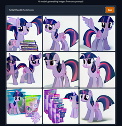 Size: 826x856 | Tagged: safe, imported from derpibooru, twilight sparkle, alicorn, unicorn, ai content, ai generated, book, generator:craiyon, twilight sparkle (alicorn)